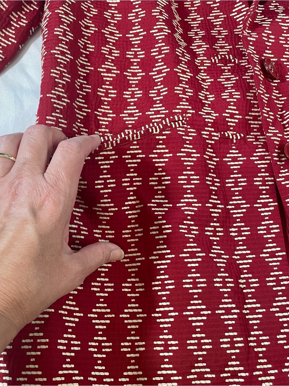 Sigrid Olsen Women’s Red Lined Jacket, Cream Dash Pattern, Buttons/Pockets, Sz 2 - Picture 9 of 13